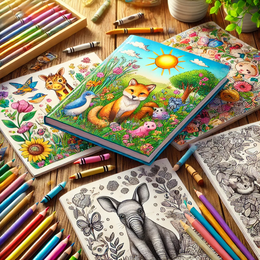 Dall·e 2024 06 20 21. 56. 03 a realistic image of several coloring books spread out on a table. The books should have colorful covers with various themes such as animals nature 1 1